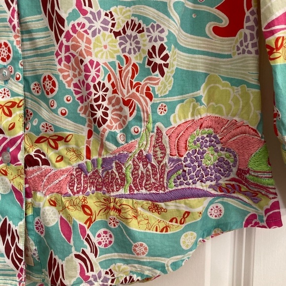 Robert Graham turquoise & pink tropical pattern embroidered 3/4 sleeve button up - Picture 10 of 11
